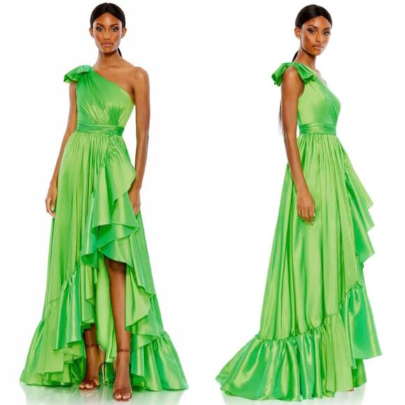 Mac Duggal Bow One Shoulder Ruffle Asymmetric Hem Gown Size 14 68027 - Picture 1 of 6